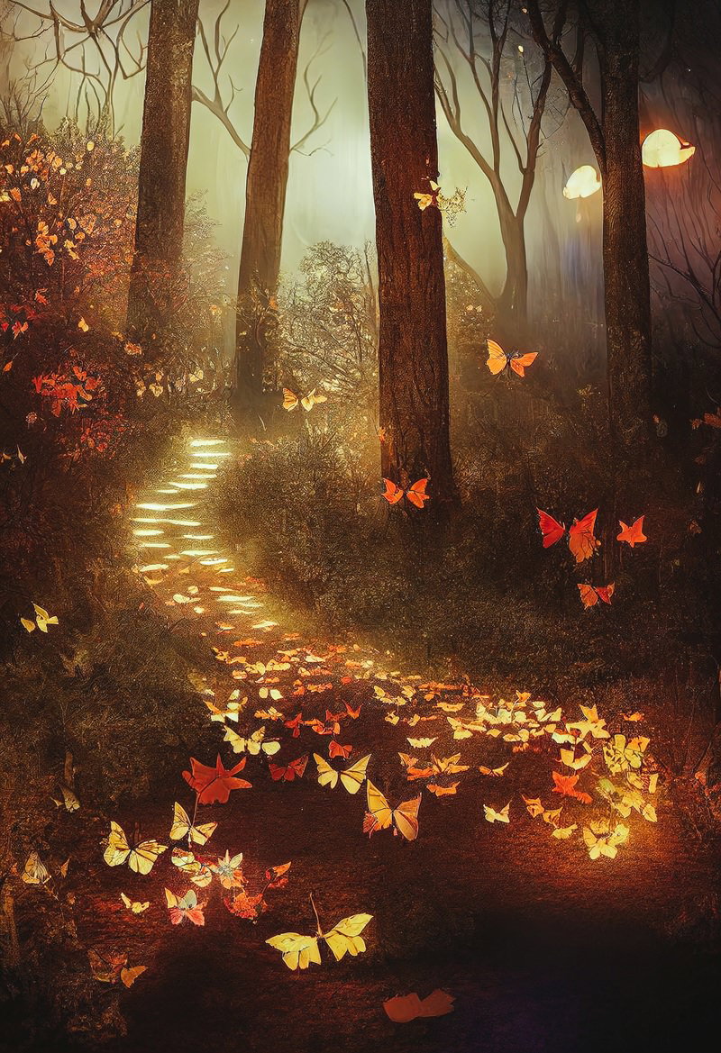 霧に包まれた樹海で落ち葉が蝶のように舞い踊る幻想的な風景
