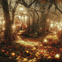 ライトアップされたハロウィン風の暗い森と樹木の写真