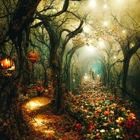 ライトアップした森の小道、樹海の深い古い木々に灯る光の写真