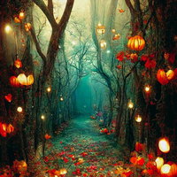 光が誘う深い森の霧の小道、ランタンが照らす樹海の夜の写真