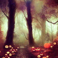 霧深い森に並べられたオレンジ色のジャックランタンの写真