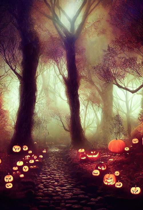 霧深い森に並べられたオレンジ色のジャックランタン