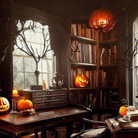 書斎の机に飾られたジャックランタンとハロウィンの室内装飾の写真