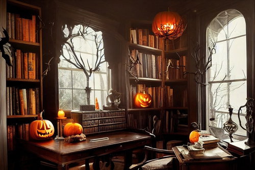 書斎の机に飾られたジャックランタンとハロウィンの室内装飾