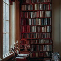 壁一面に広がる大きな本棚がある書斎の読書空間の写真