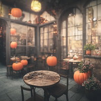ハロウィンの店舗装飾に飾られたかぼちゃとジャックランタンの写真