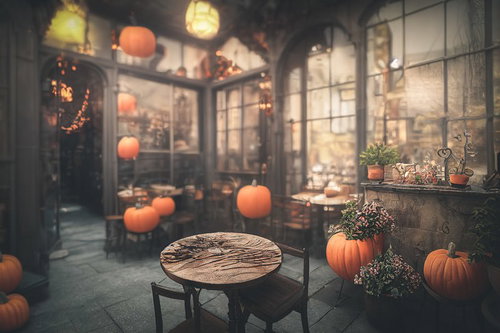 ハロウィンの店舗装飾に飾られたかぼちゃとジャックランタン