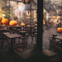 ハロウィン装飾のカフェでジャックランタンが灯る秋の室内の写真