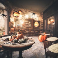 ハロウィン装飾された喫茶店の店内でテーブルに並ぶドリンクと料理の写真