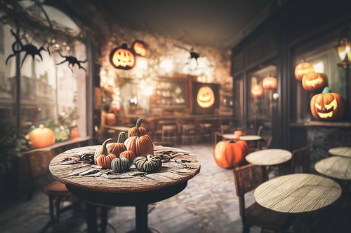 ハロウィン装飾された喫茶店の店内でテーブルに並ぶドリンクと料理