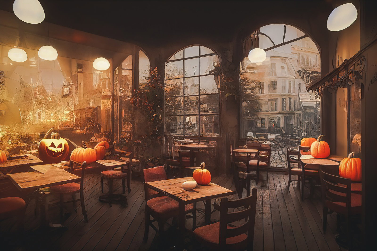ハロウィン装飾されたカフェ店内でジャックランタンが温かく照らされている