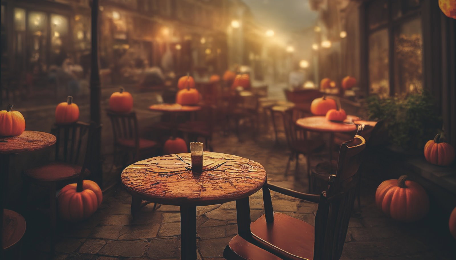 ハロウィン装飾が施されたカフェ店内でジャックランタンがテーブルに置かれている