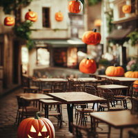 ハロウィンイベント装飾の喫茶店店内風景とジャックランタンの写真