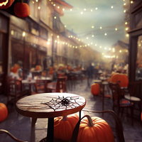 ハロウィンナイトのカフェ店内装飾とジャックオランタンライトアップの写真