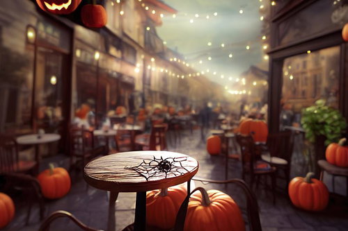 ハロウィンナイトのカフェ店内装飾とジャックオランタンライトアップ
