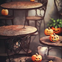 カフェの木製テーブルに置かれた小さいジャックランタンの店内の写真