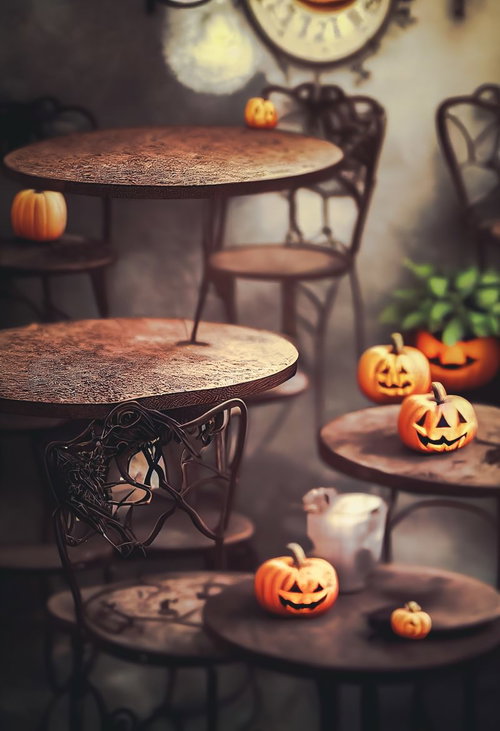 カフェの木製テーブルに置かれた小さいジャックランタンの店内