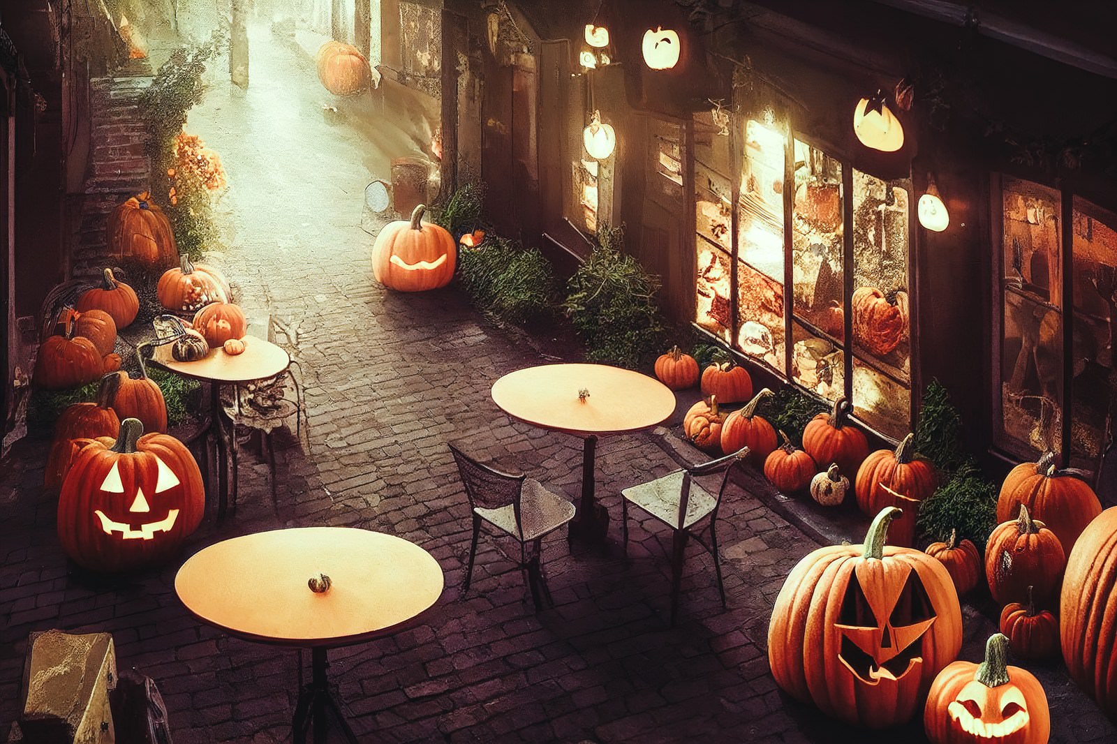 ハロウィンのかぼちゃのランタンが並ぶ夜の街並み