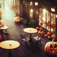 ハロウィンの夜の街並みとジャックオランタンの装飾の写真