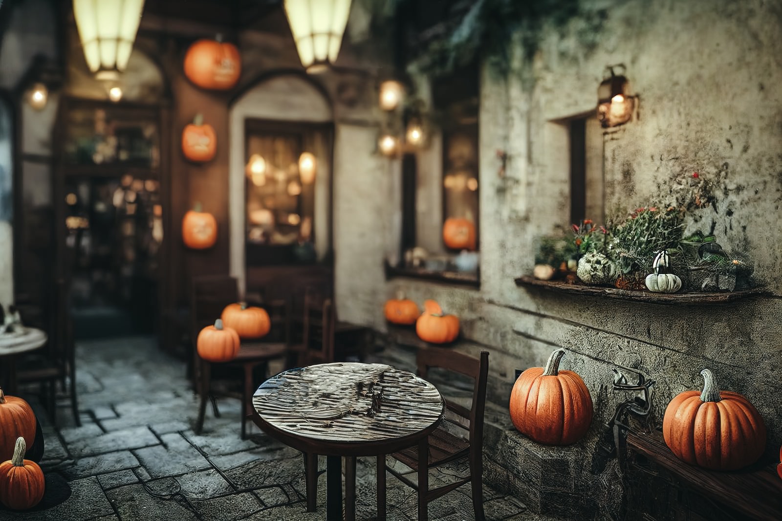 ハロウィンの装飾が施された街並み、オレンジのかぼちゃとカフェの温かい光