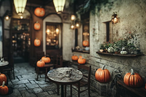 オレンジ色のかぼちゃが飾られたハロウィンの街並み