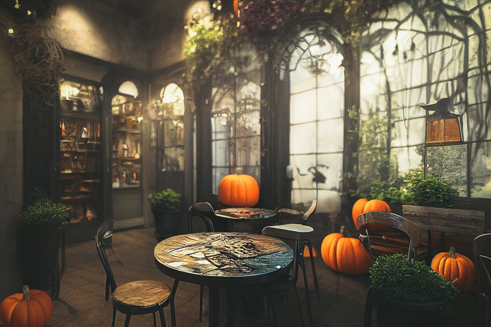 ハロウィン装飾されたカフェの店内でかぼちゃとジャックオランタンが置かれている