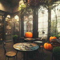 かぼちゃとジャックオランタンを置いてハロウィンモードの店内の写真
