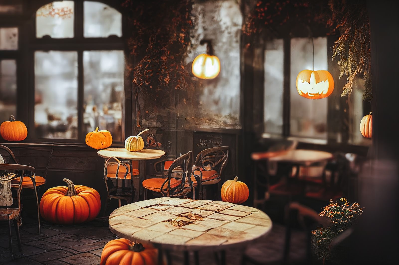 ハロウィン装飾されたかぼちゃが並ぶ喫茶店の店内風景