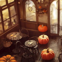 ハロウィン気分が高まるかぼちゃが無造作に置かれた店内の写真