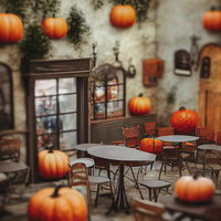 ハロウィン中のかぼちゃカフェ店内装飾とテーブルディスプレイの写真