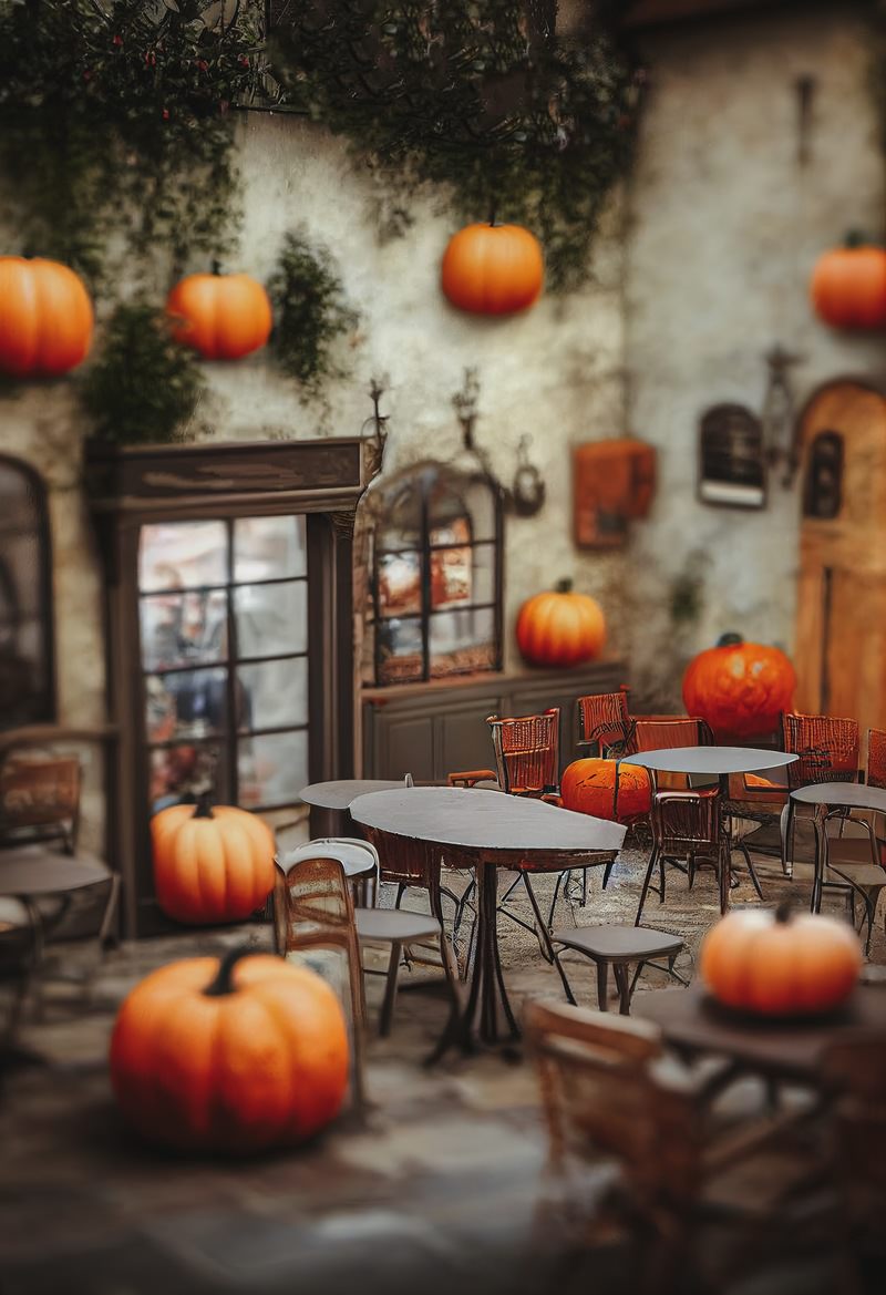 ハロウィンかぼちゃで装飾されたカフェ店内でオレンジ色のジャックオランタンがテーブルと棚に配置