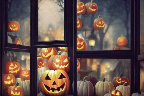 窓際に並ぶオレンジ色のジャックランタンのハロウィンDAY