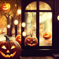 窓辺に並ぶジャックランタンが仲間を連れてきたの写真