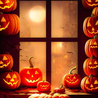 窓際にぎっしり並ぶオレンジ色のジャックランタンの写真