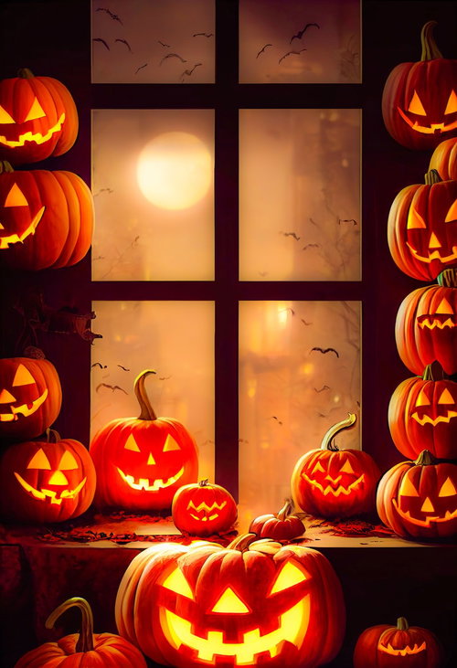窓際にぎっしり並ぶオレンジ色のジャックランタン