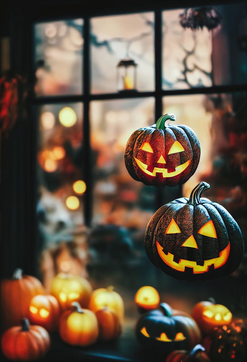 窓辺に並ぶ笑みを浮かべるジャックランタン