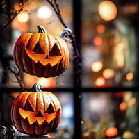 ライトアップされた屋外と窓際のジャックランタンの写真