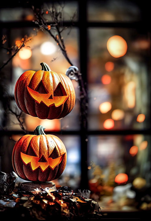 ライトアップされた屋外と窓際のジャックランタン