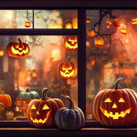 窓辺に並ぶジャックランタンが集まる秋のハロウィン装飾の写真