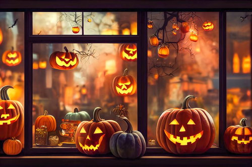 窓辺に並ぶジャックランタンが集まる秋のハロウィン装飾