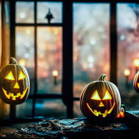 ろうそくの光が灯るおばけかぼちゃの室内飾りの写真