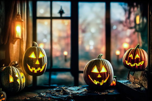 ろうそくの光が灯るおばけかぼちゃの室内飾り