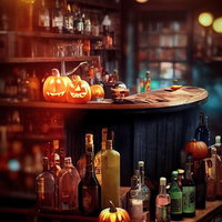 ハロウィン中のカフェバーの店内装飾とボトル照明の写真