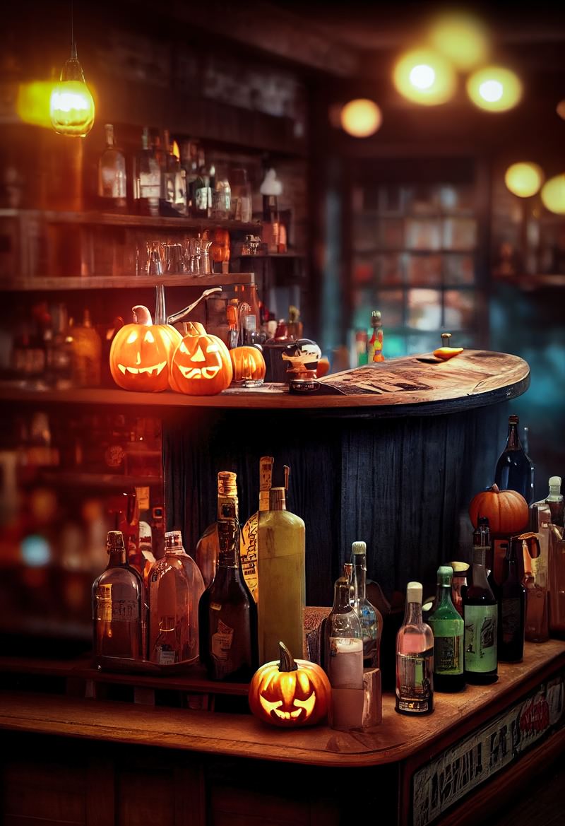 ハロウィン装飾されたバーカウンターにジャックオランタンとボトルが並ぶ店内
