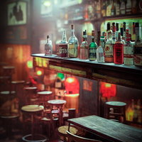 BARカウンターに並ぶ色とりどりのお酒のボトルの写真