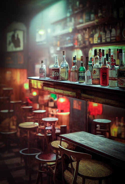 BARカウンターに並ぶ色とりどりのお酒のボトル