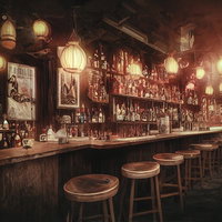 木製カウンターに酒瓶が並ぶウエスタン風BARの写真