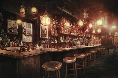 木製カウンターに酒瓶が並ぶウエスタン風BAR