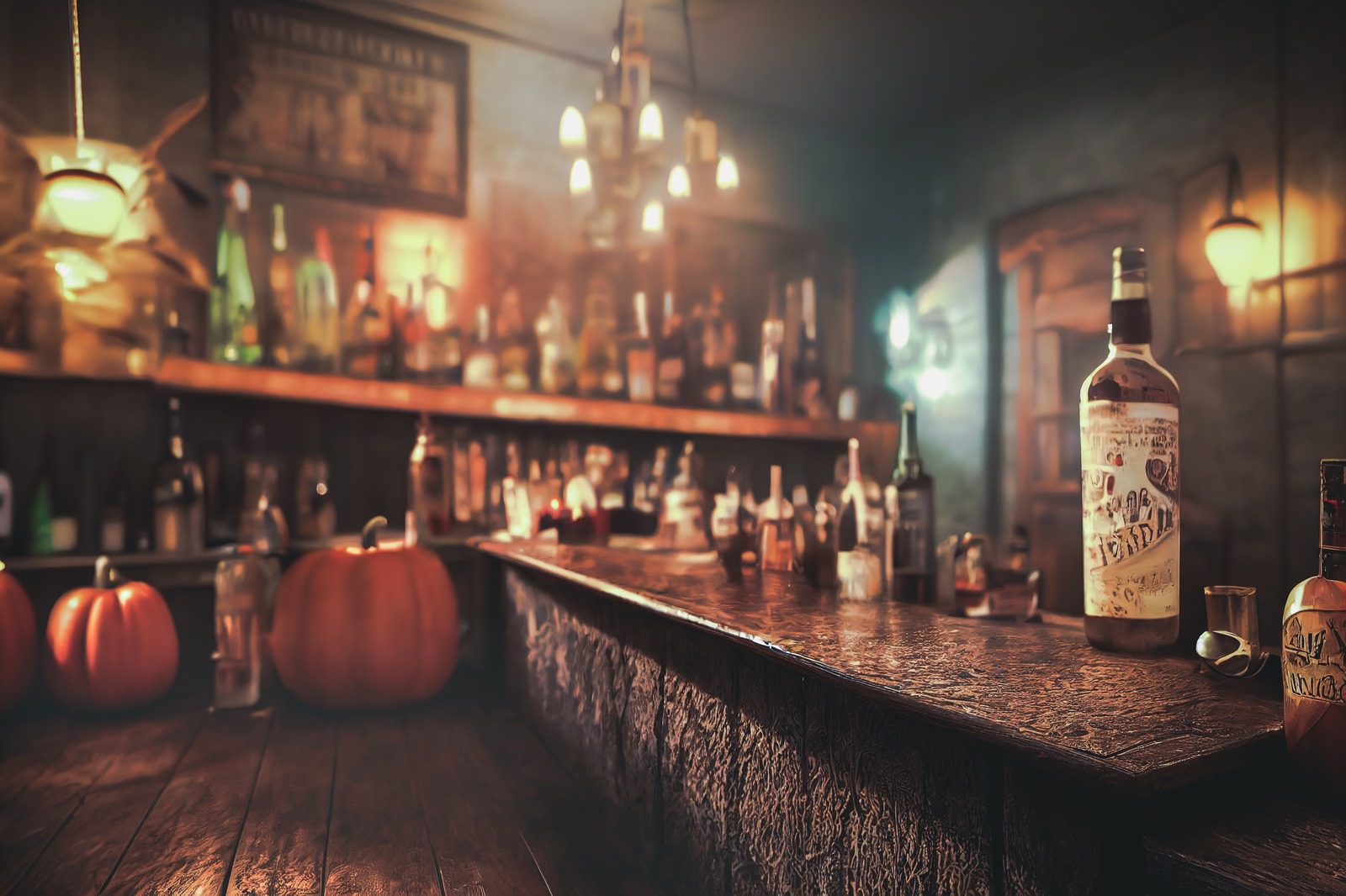 ハロウィンのかぼちゃが置かれたバーのカウンター