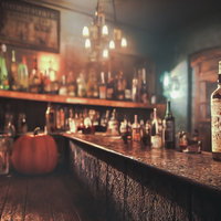 ハロウィンかぼちゃが置かれたおしゃれなバーのカウンターの写真